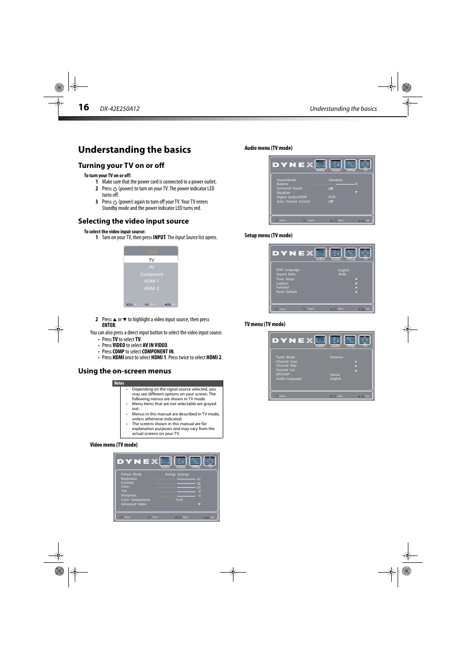 Understanding the basics, Turning your tv on or off, Selecting the video input source | Using the on-screen menus, Ion, see “turning your tv on or off | Dynex DX-42E250A12 User Manual | Page 20 / 38