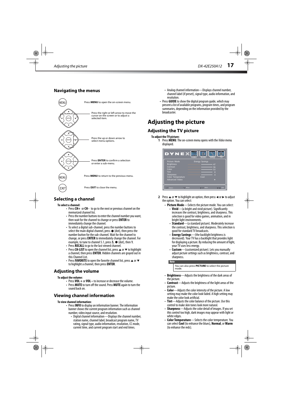 Navigating the menus, Selecting a channel, Adjusting the volume | Viewing channel information, Adjusting the picture, Adjusting the tv picture, E “selecting a channel, Ation, see “viewing channel information, E “adjusting the tv picture, Selecting a channel” on | Dynex DX-42E250A12 User Manual | Page 21 / 38