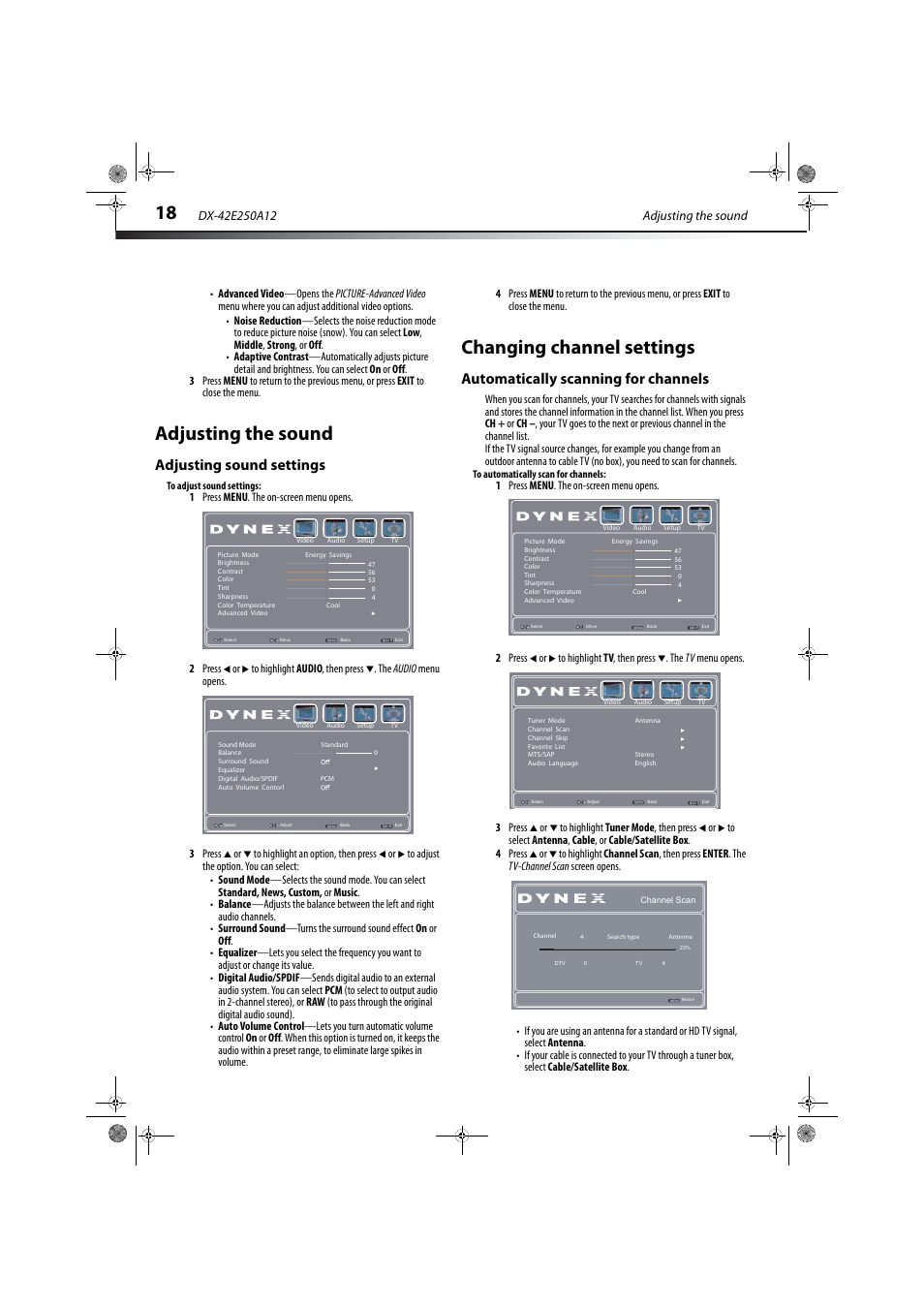 Adjusting the sound, Adjusting sound settings, Changing channel settings | Automatically scanning for channels, E “adjusting sound settings, Ge 18 | Dynex DX-42E250A12 User Manual | Page 22 / 38