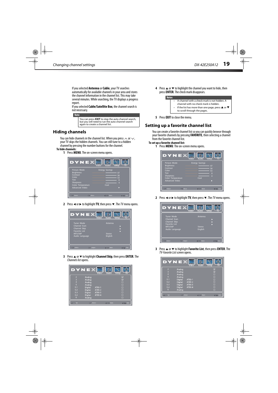 Hiding channels, Setting up a favorite channel list, Hiding channels setting up a favorite channel list | Changing channel settings | Dynex DX-42E250A12 User Manual | Page 23 / 38