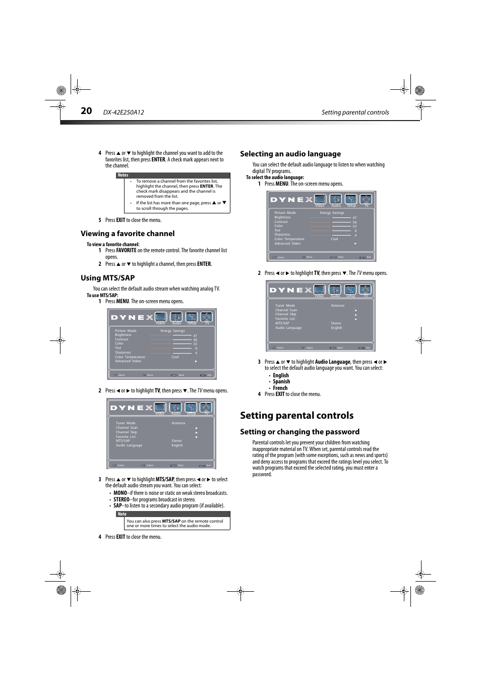 Viewing a favorite channel, Using mts/sap, Selecting an audio language | Setting parental controls, Setting or changing the password | Dynex DX-42E250A12 User Manual | Page 24 / 38