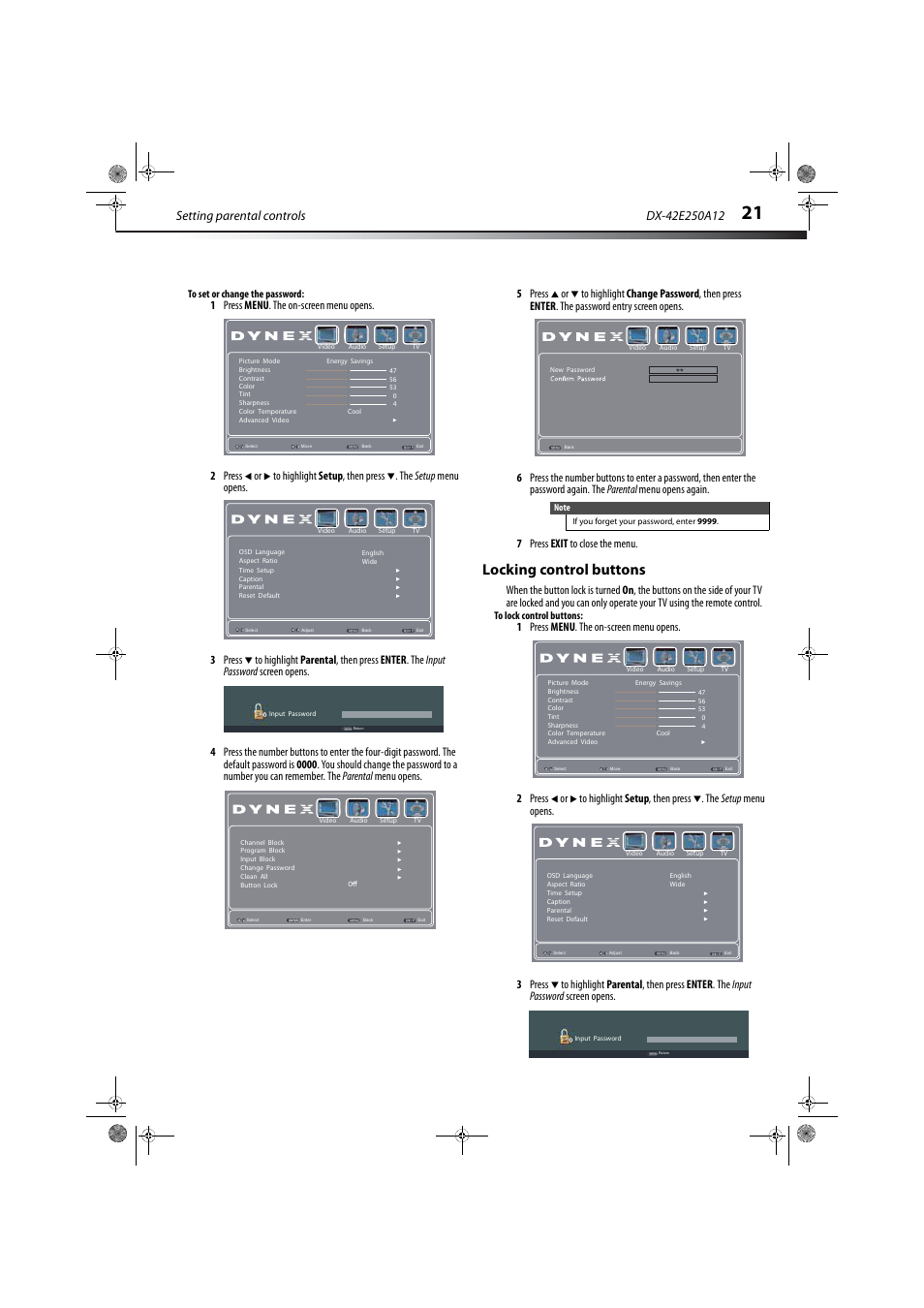 Locking control buttons, Setting parental controls | Dynex DX-42E250A12 User Manual | Page 25 / 38