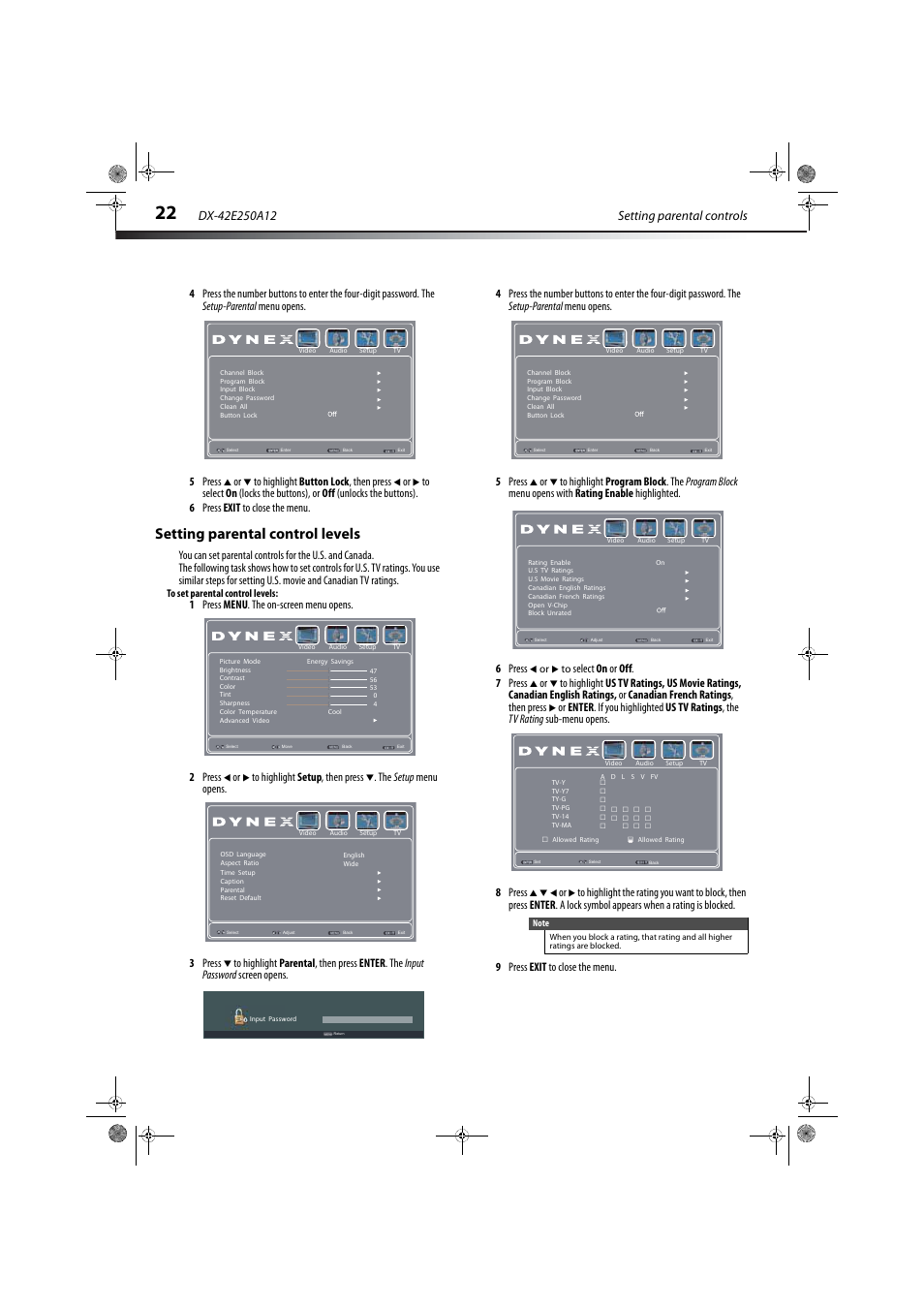 Setting parental control levels | Dynex DX-42E250A12 User Manual | Page 26 / 38