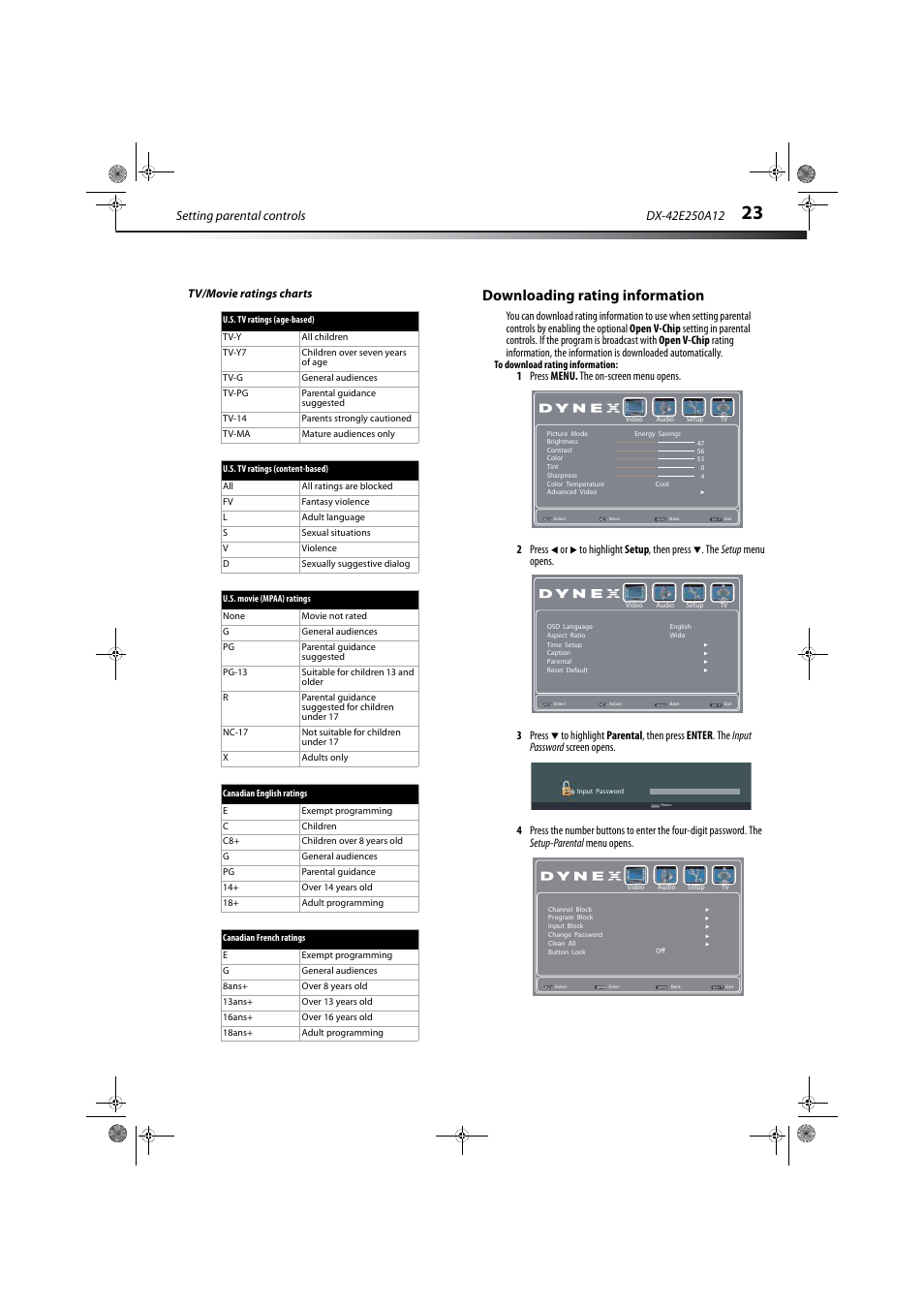 Tv/movie ratings charts, Downloading rating information, Setting parental controls | Dynex DX-42E250A12 User Manual | Page 27 / 38