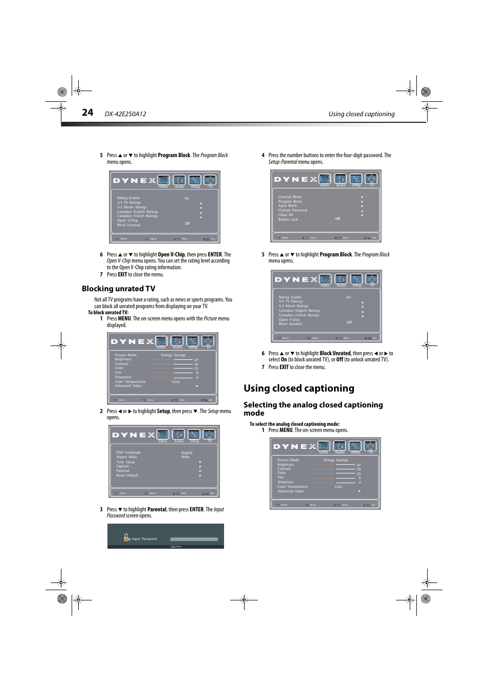 Blocking unrated tv, Using closed captioning, Selecting the analog closed captioning mode | See “using closed captioning, 1 press menu . the on-screen menu opens | Dynex DX-42E250A12 User Manual | Page 28 / 38