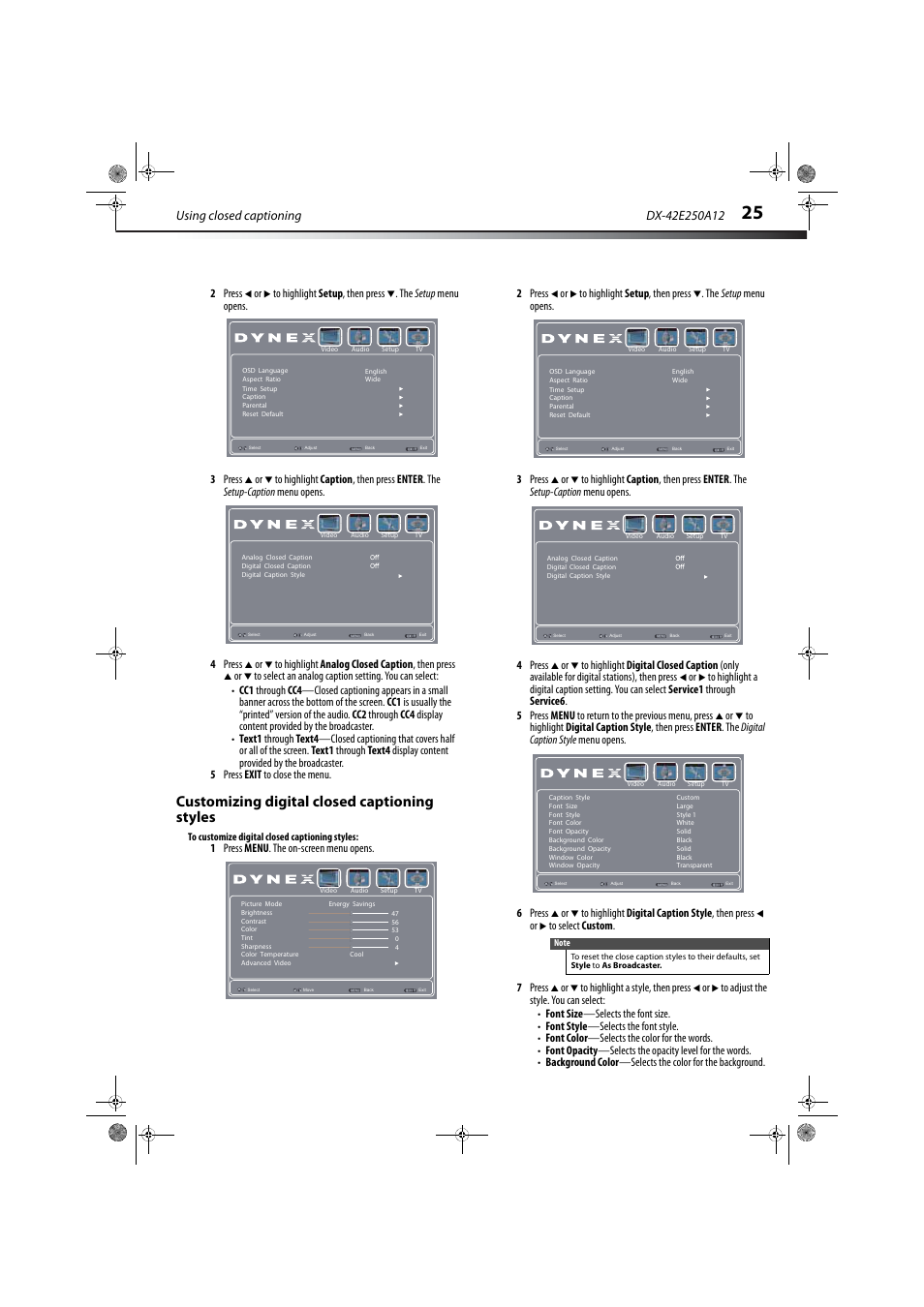 Customizing digital closed captioning styles, Using closed captioning | Dynex DX-42E250A12 User Manual | Page 29 / 38