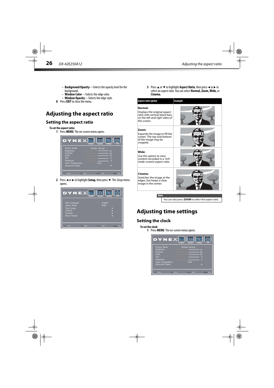 Adjusting the aspect ratio, Setting the aspect ratio, Adjusting time settings | Setting the clock | Dynex DX-42E250A12 User Manual | Page 30 / 38
