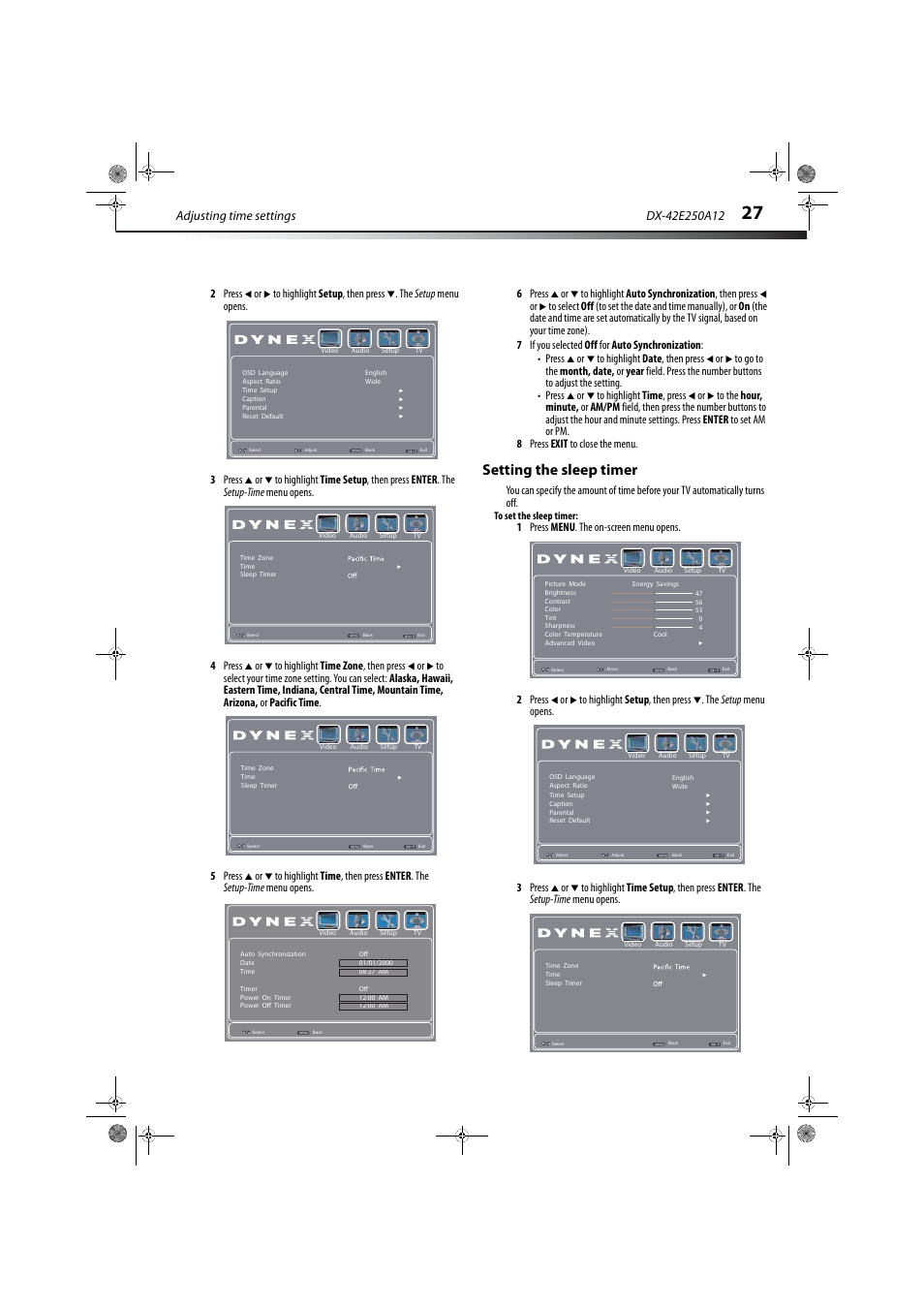 Setting the sleep timer, Adjusting time settings | Dynex DX-42E250A12 User Manual | Page 31 / 38