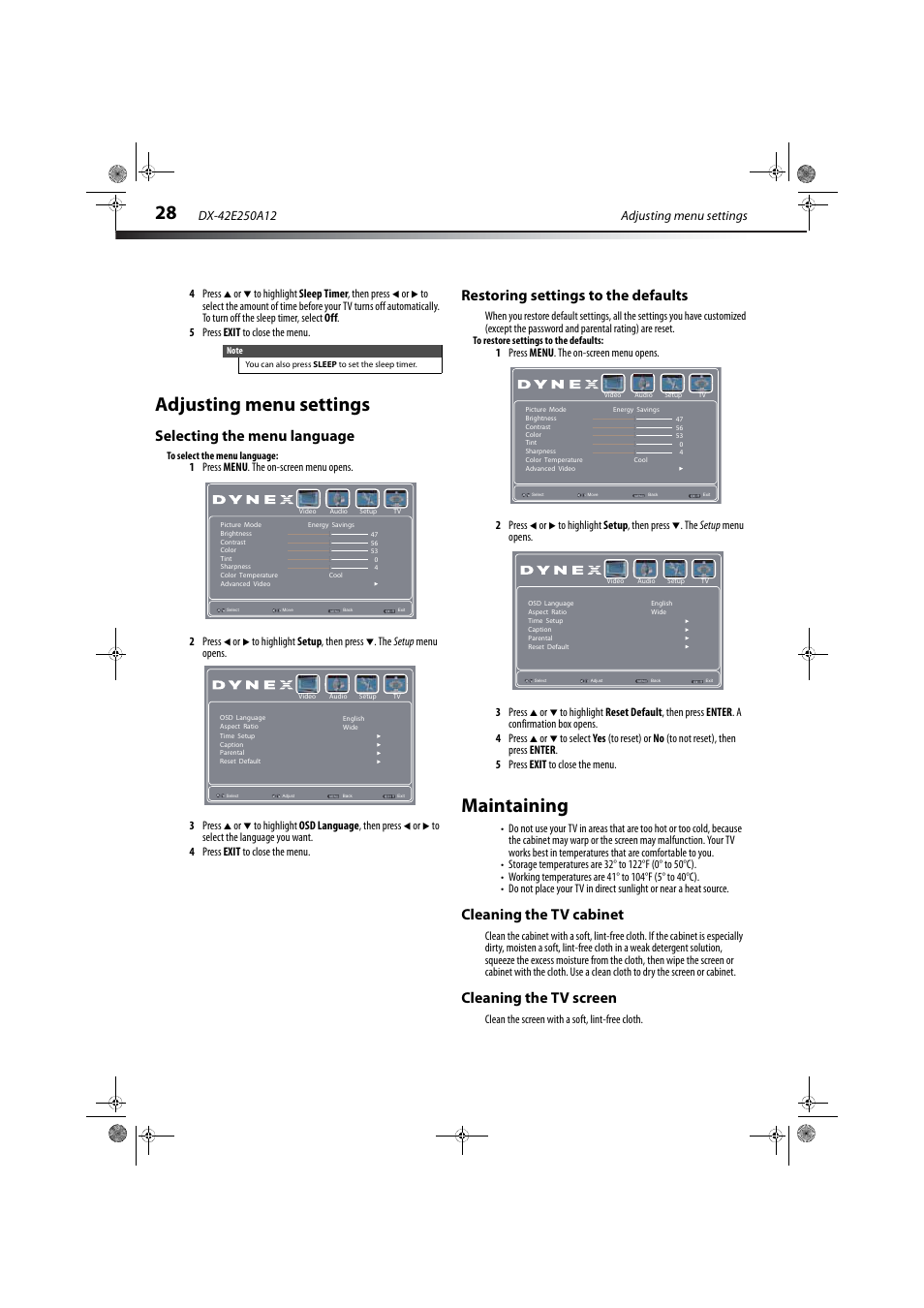 Adjusting menu settings, Selecting the menu language, Restoring settings to the defaults | Maintaining, Cleaning the tv cabinet, Cleaning the tv screen, Cleaning the tv cabinet cleaning the tv screen | Dynex DX-42E250A12 User Manual | Page 32 / 38