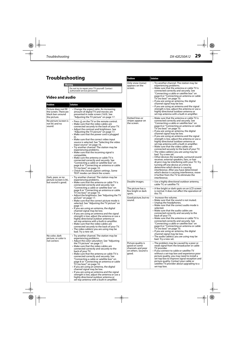 Troubleshooting, Video and audio | Dynex DX-42E250A12 User Manual | Page 33 / 38