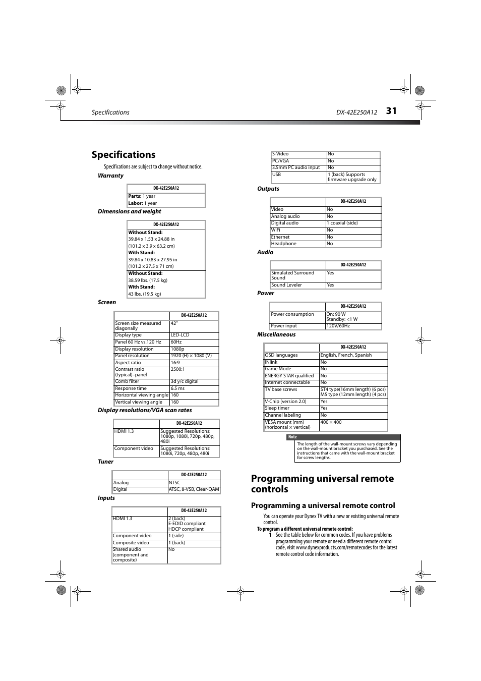 Specifications, Warranty, Dimensions and weight | Screen, Display resolutions/vga scan rates, Tuner, Inputs, Outputs, Audio, Power | Dynex DX-42E250A12 User Manual | Page 35 / 38