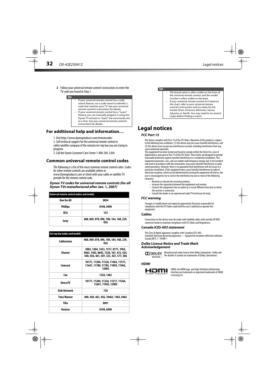 For additional help and information, Common universal remote control codes, Legal notices | Fcc part 15, Fcc warning, Cables, Canada ices-003 statement, Hdmi | Dynex DX-42E250A12 User Manual | Page 36 / 38