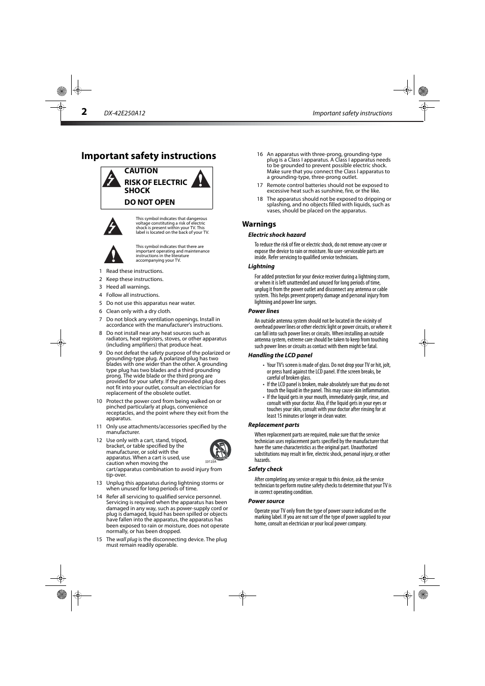 Important safety instructions, Warnings, Electric shock hazard | Lightning, Power lines, Handling the lcd panel, Replacement parts, Safety check, Power source | Dynex DX-42E250A12 User Manual | Page 6 / 38