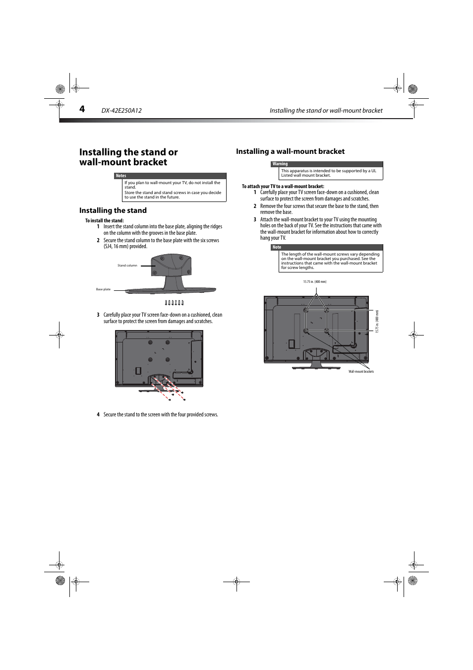 Installing the stand or wall-mount bracket, Installing the stand, Installing a wall-mount bracket | Dynex DX-42E250A12 User Manual | Page 8 / 38