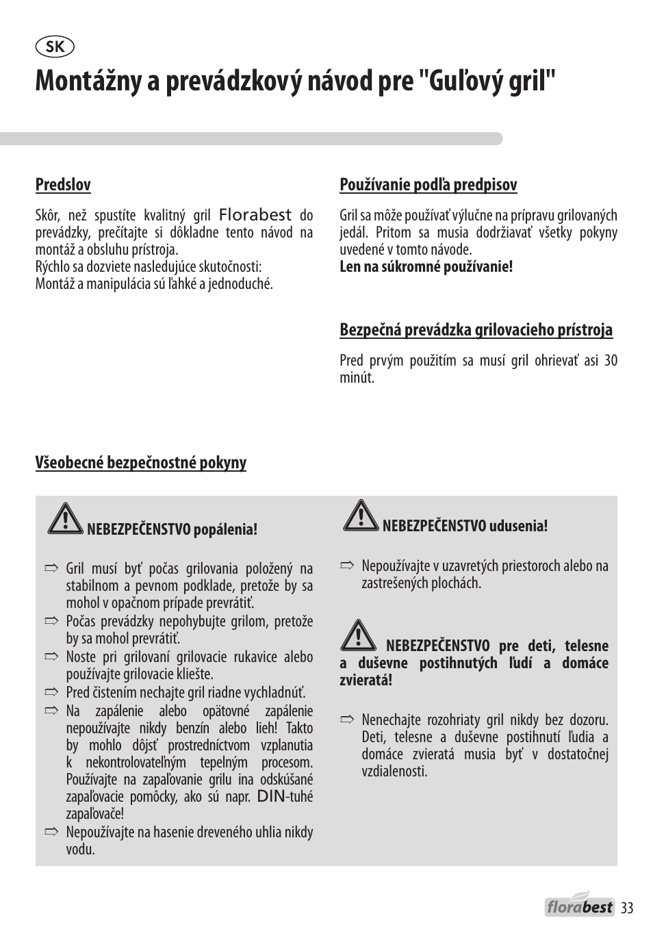 Montážny a prevádzkový návod pre "guľový gril | Florabest 1226L7 User Manual | Page 33 / 44