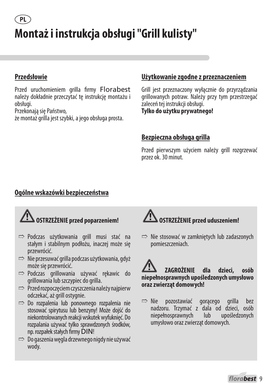 Montaż i instrukcja obsługi "grill kulisty | Florabest 1226L7 User Manual | Page 9 / 44