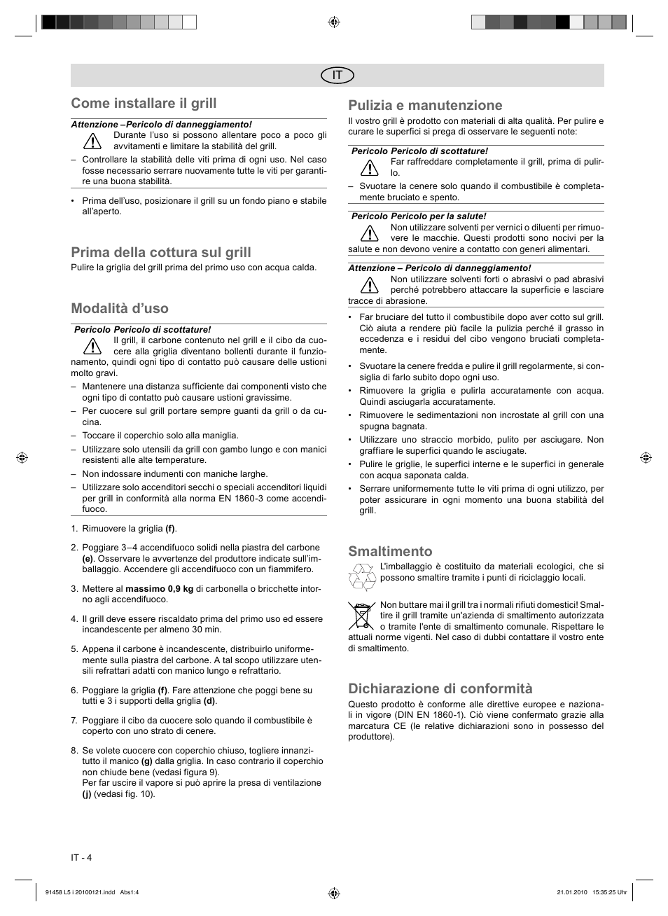 Come installare il grill, Prima della cottura sul grill, Modalità d’uso | Pulizia e manutenzione, Smaltimento, Dichiarazione di conformità | Florabest HC-91458 User Manual | Page 12 / 32