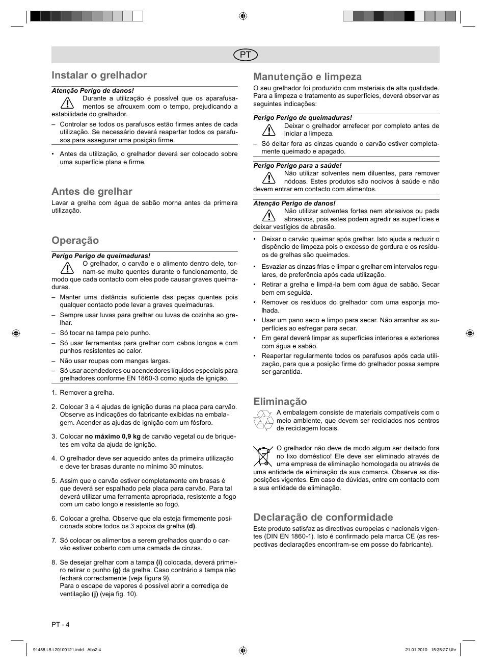 Instalar o grelhador, Antes de grelhar, Operação | Manutenção e limpeza, Eliminação, Declaração de conformidade | Florabest HC-91458 User Manual | Page 18 / 32