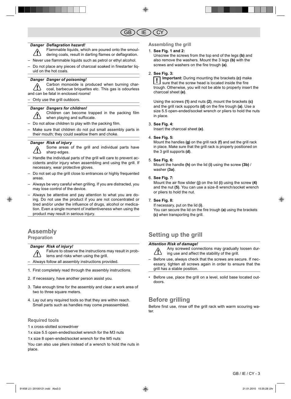 Assembly, Setting up the grill, Before grilling | Ie gb cy | Florabest HC-91458 User Manual | Page 23 / 32