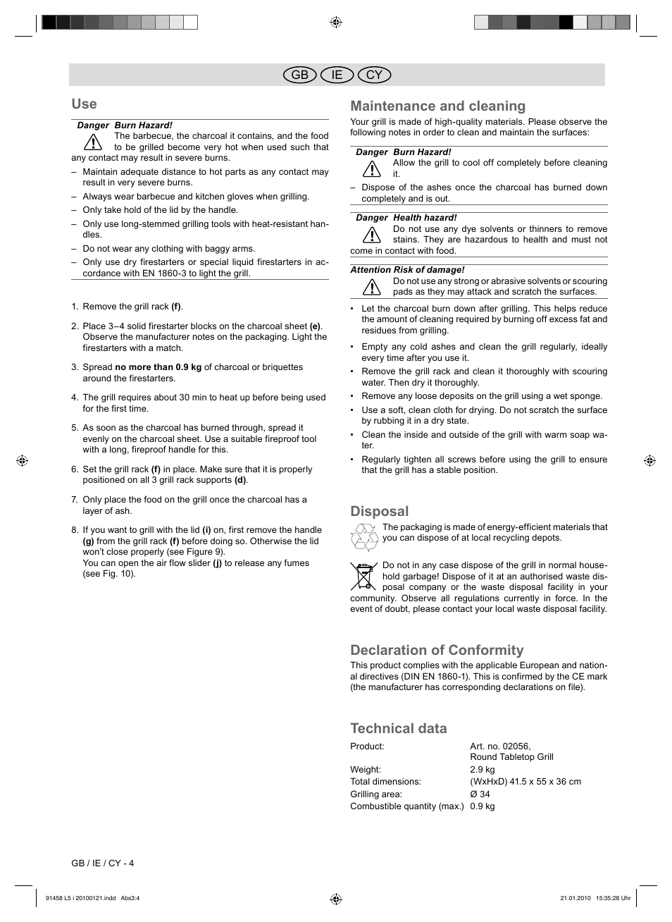Maintenance and cleaning, Disposal, Declaration of conformity | Technical data, Ie gb cy | Florabest HC-91458 User Manual | Page 24 / 32
