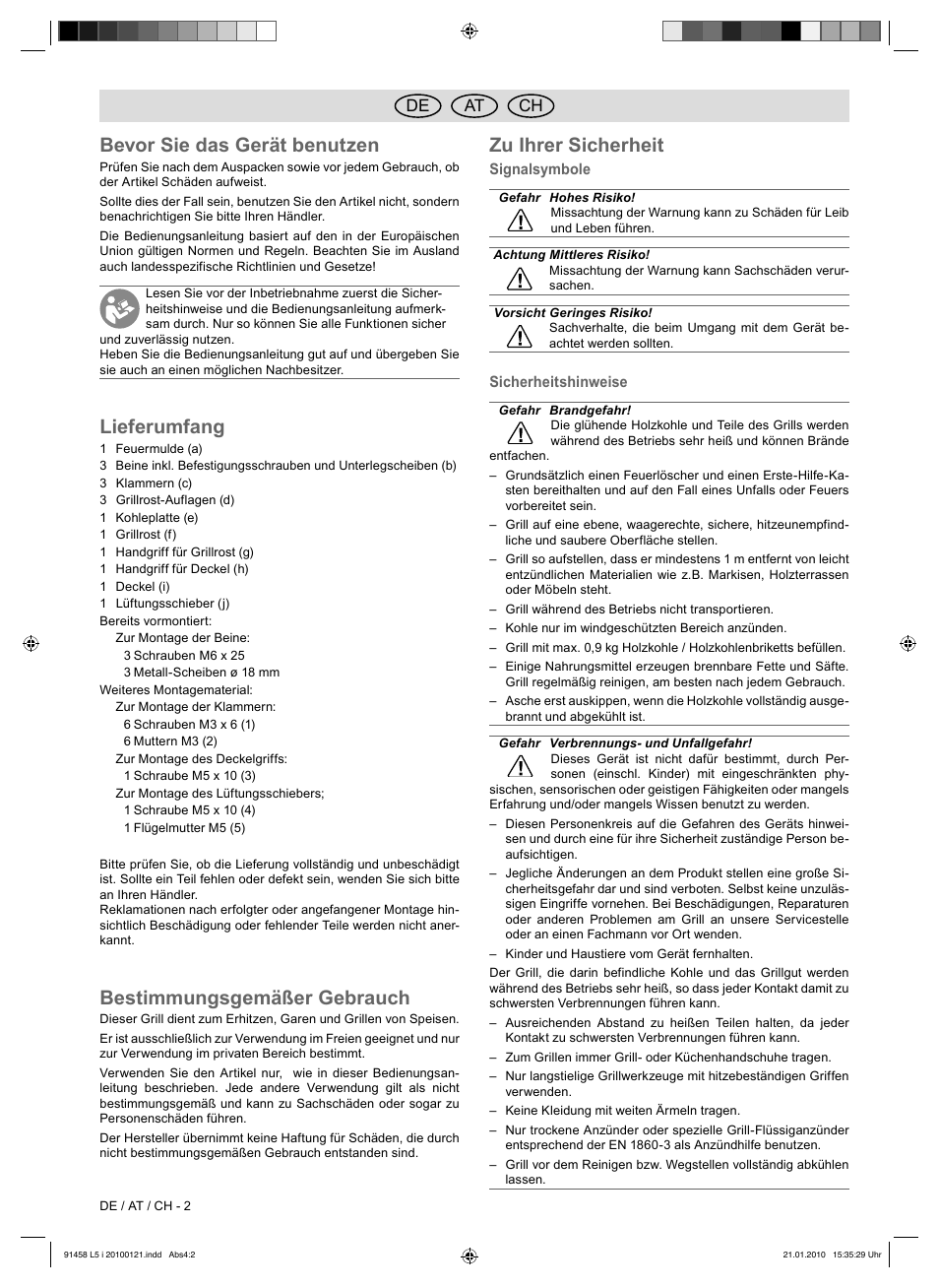 Bevor sie das gerät benutzen, Lieferumfang, Bestimmungsgemäßer gebrauch | Zu ihrer sicherheit, De at ch | Florabest HC-91458 User Manual | Page 28 / 32