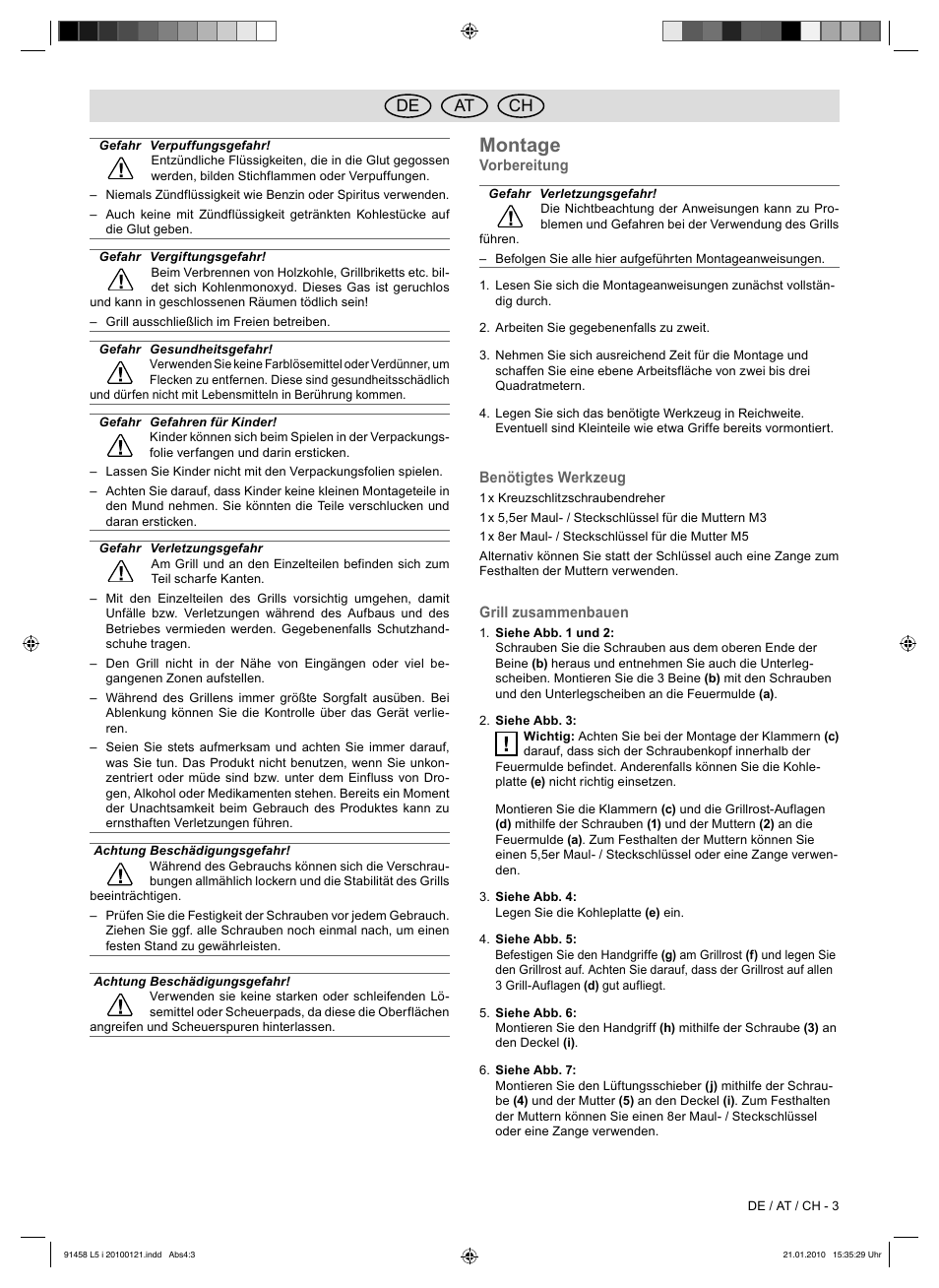 Montage, De at ch | Florabest HC-91458 User Manual | Page 29 / 32