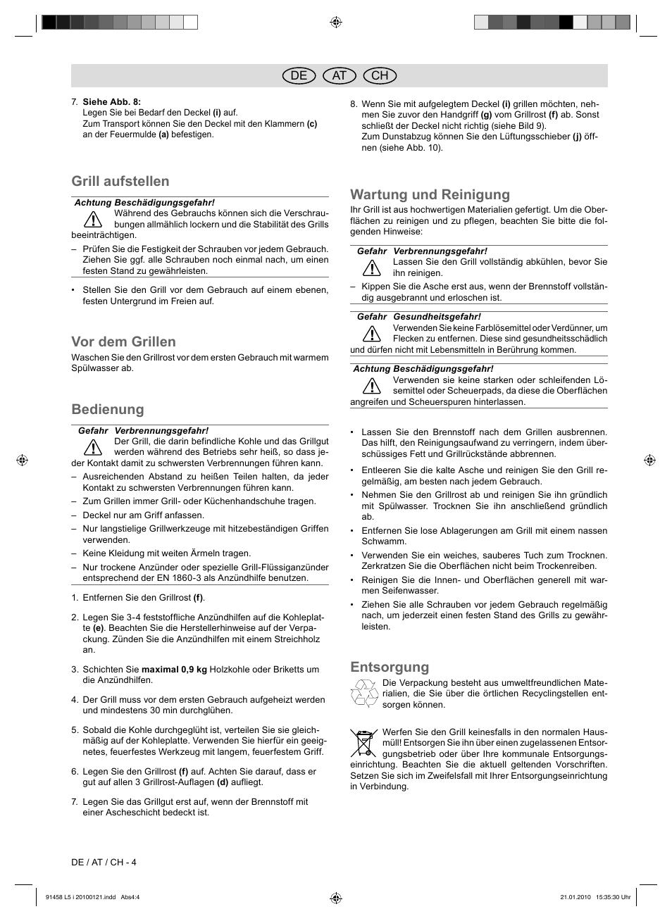 Grill aufstellen, Vor dem grillen, Bedienung | Wartung und reinigung, Entsorgung, De at ch | Florabest HC-91458 User Manual | Page 30 / 32
