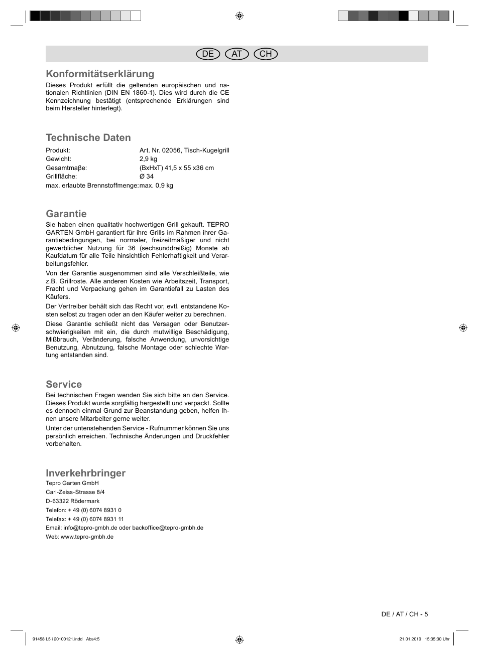 Konformitätserklärung, Technische daten, Garantie | Service, Inverkehrbringer, De at ch | Florabest HC-91458 User Manual | Page 31 / 32