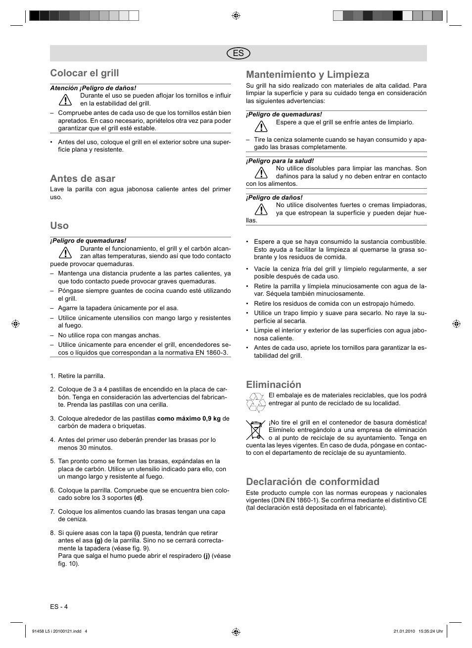 Colocar el grill, Antes de asar, Mantenimiento y limpieza | Eliminación, Declaración de conformidad | Florabest HC-91458 User Manual | Page 6 / 32