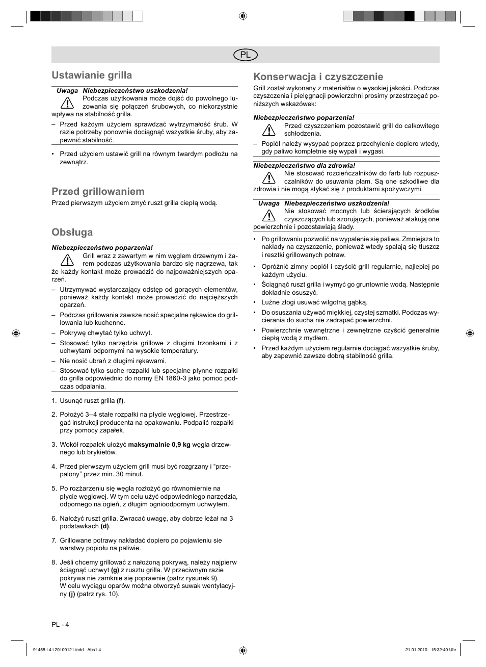 Ustawianie grilla, Przed grillowaniem, Obsługa | Konserwacja i czyszczenie | Florabest HC-91458 User Manual | Page 12 / 50