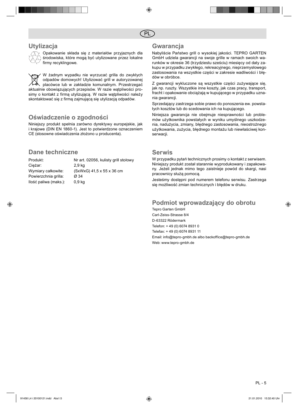 Utylizacja, Oświadczenie o zgodności, Dane techniczne | Gwarancja, Serwis, Podmiot wprowadzający do obrotu | Florabest HC-91458 User Manual | Page 13 / 50