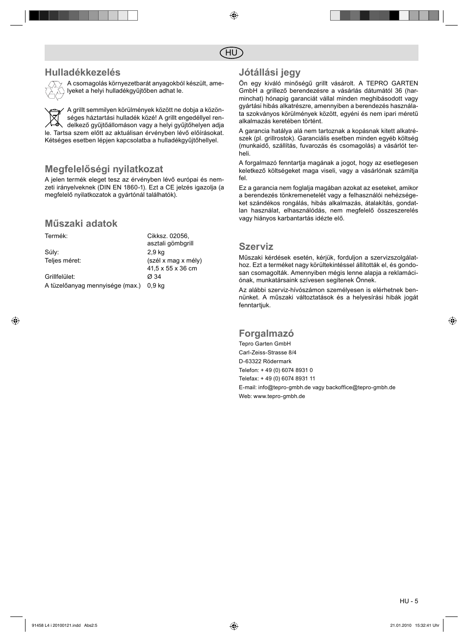Hulladékkezelés, Megfelelőségi nyilatkozat, Műszaki adatok | Jótállási jegy, Szerviz, Forgalmazó | Florabest HC-91458 User Manual | Page 19 / 50