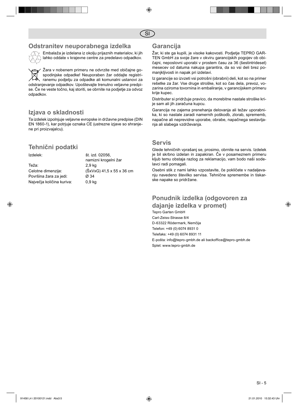 Odstranitev neuporabnega izdelka, Izjava o skladnosti, Tehnični podatki | Garancija, Servis | Florabest HC-91458 User Manual | Page 25 / 50