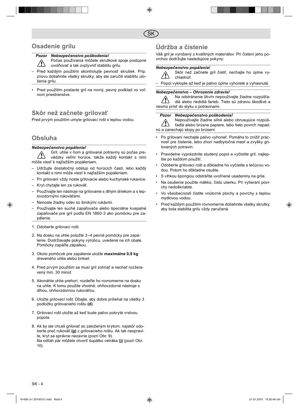 Osadenie grilu, Skôr než začnete grilovať, Obsluha | Údržba a čistenie | Florabest HC-91458 User Manual | Page 36 / 50