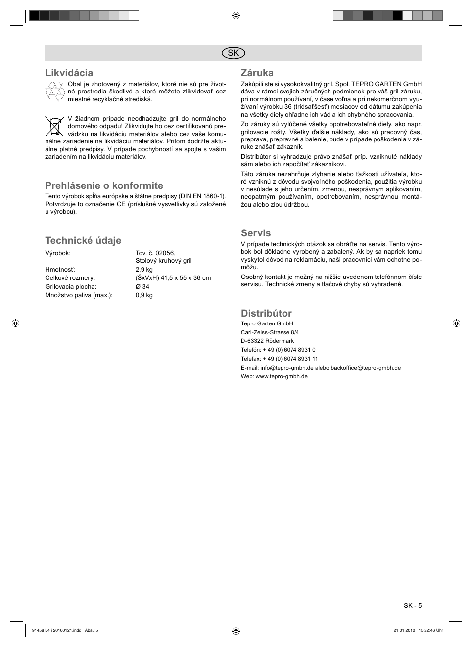Likvidácia, Prehlásenie o konformite, Technické údaje | Záruka, Servis, Distribútor | Florabest HC-91458 User Manual | Page 37 / 50