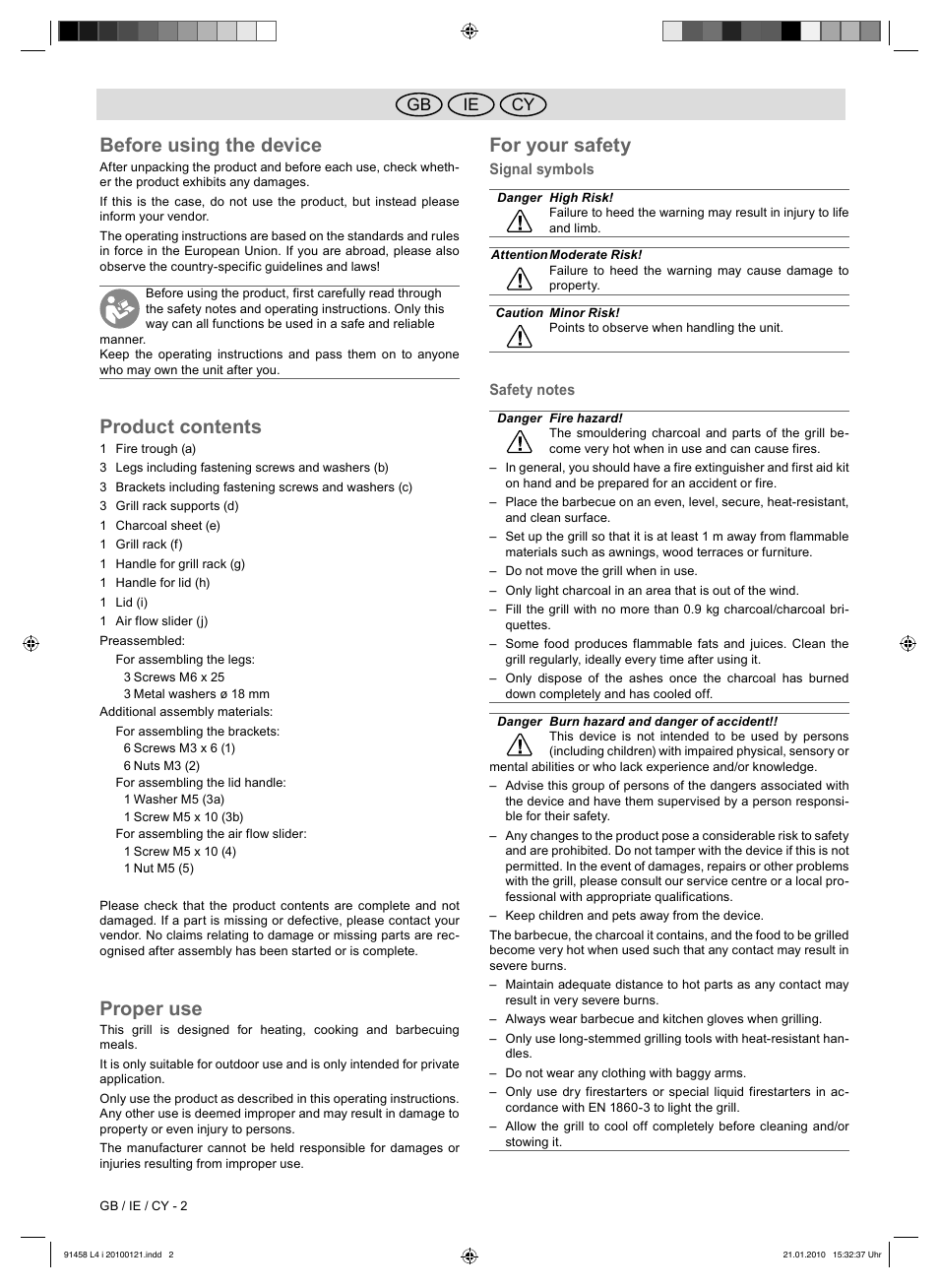 Before using the device, Product contents, Proper use | For your safety, Ie gb cy | Florabest HC-91458 User Manual | Page 4 / 50