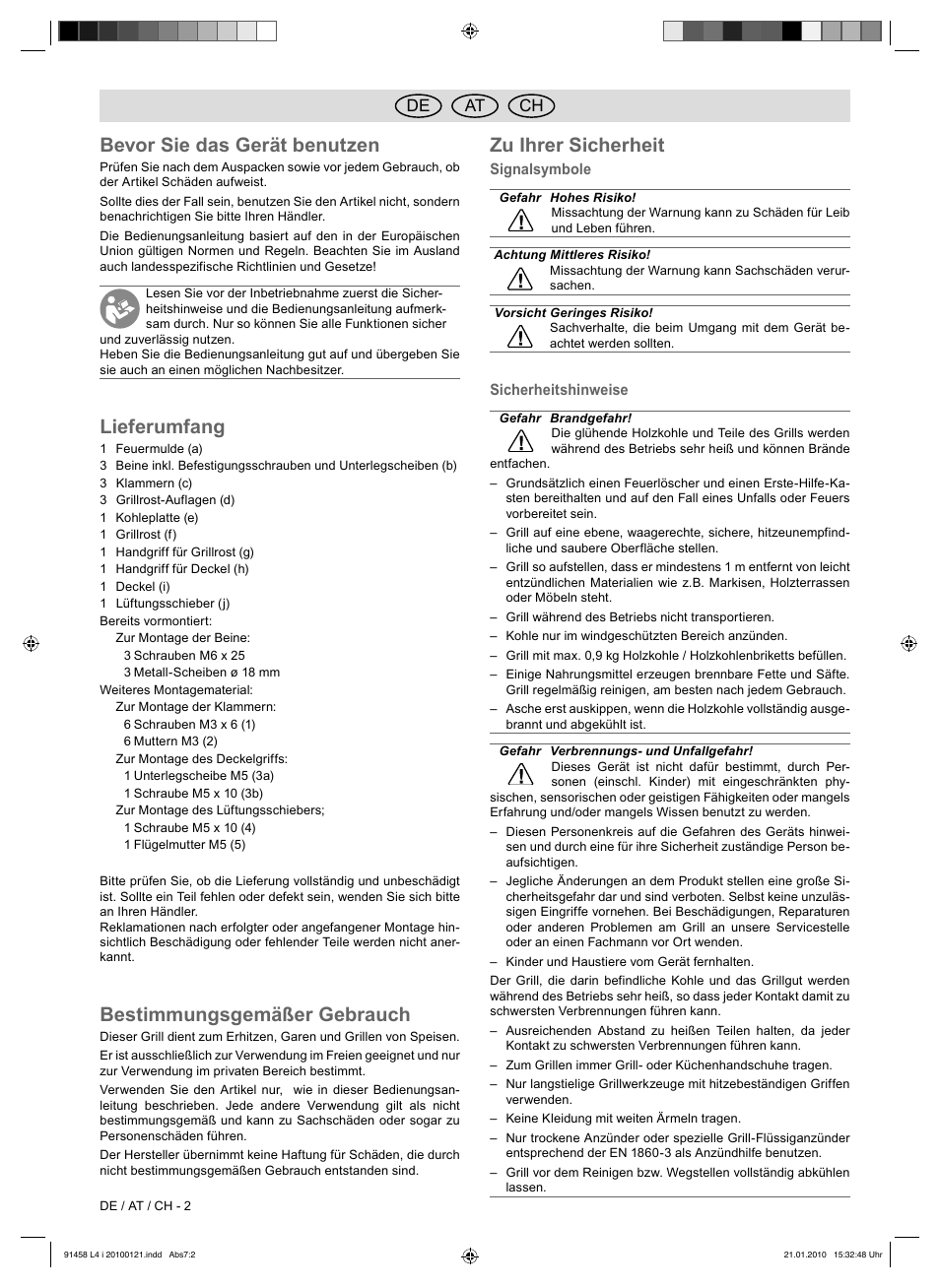 Bevor sie das gerät benutzen, Lieferumfang, Bestimmungsgemäßer gebrauch | Zu ihrer sicherheit, De at ch | Florabest HC-91458 User Manual | Page 46 / 50