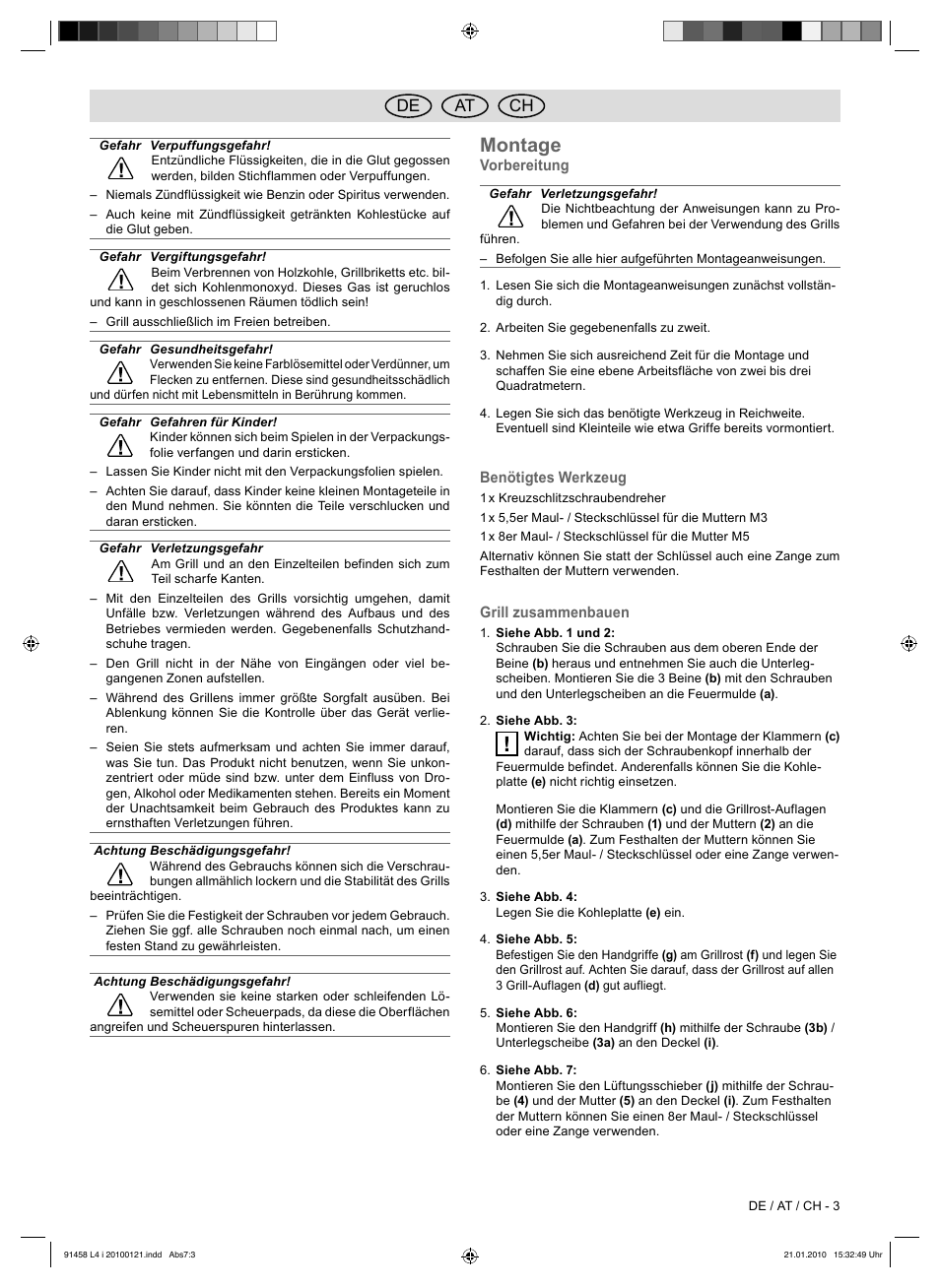 Montage, De at ch | Florabest HC-91458 User Manual | Page 47 / 50