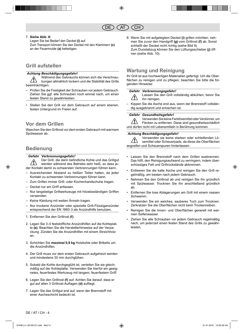 Grill aufstellen, Vor dem grillen, Bedienung | Wartung und reinigung, De at ch | Florabest HC-91458 User Manual | Page 48 / 50