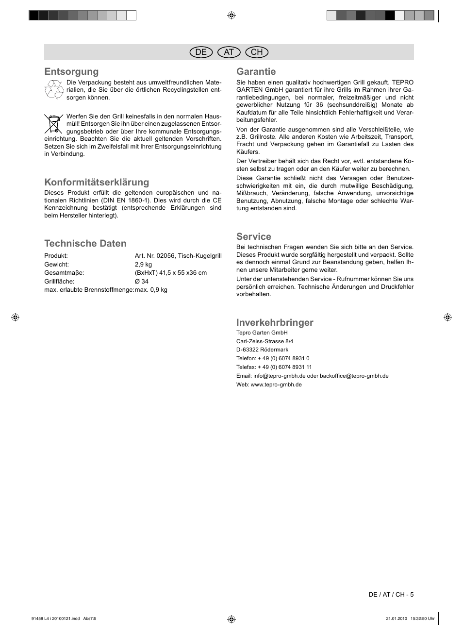 Entsorgung, Konformitätserklärung, Technische daten | Garantie, Service, Inverkehrbringer | Florabest HC-91458 User Manual | Page 49 / 50