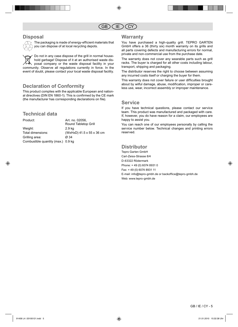 Disposal, Declaration of conformity, Technical data | Warranty, Service, Distributor | Florabest HC-91458 User Manual | Page 7 / 50