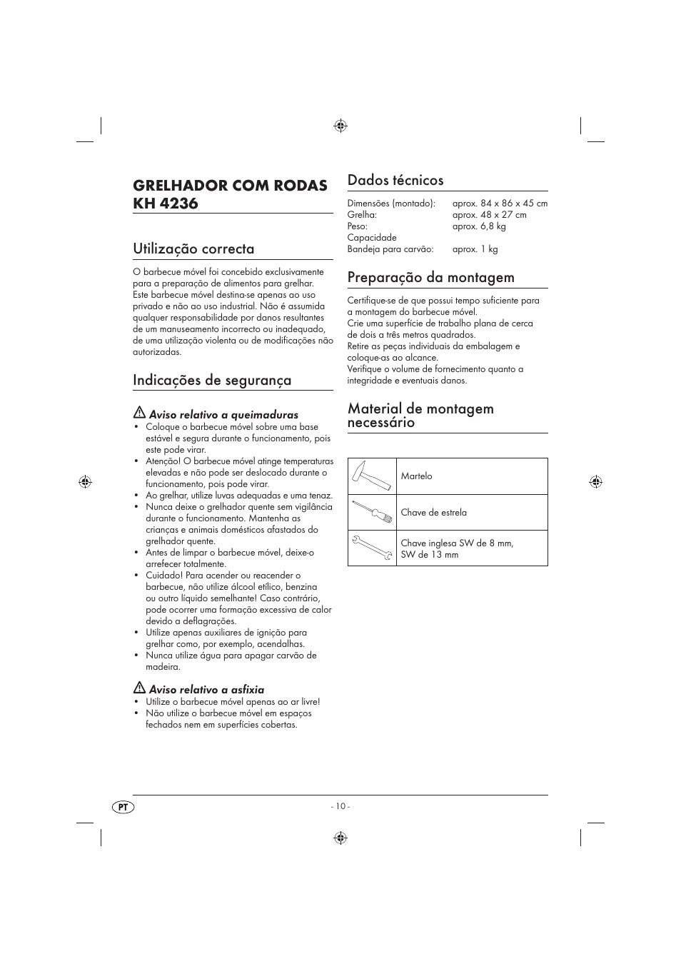 Grelhador com rodas kh 4236 utilização correcta, Indicações de segurança, Dados técnicos | Preparação da montagem, Material de montagem necessário, Aviso relativo a queimaduras, Aviso relativo a asﬁ xia | Florabest KH 4236 User Manual | Page 12 / 23