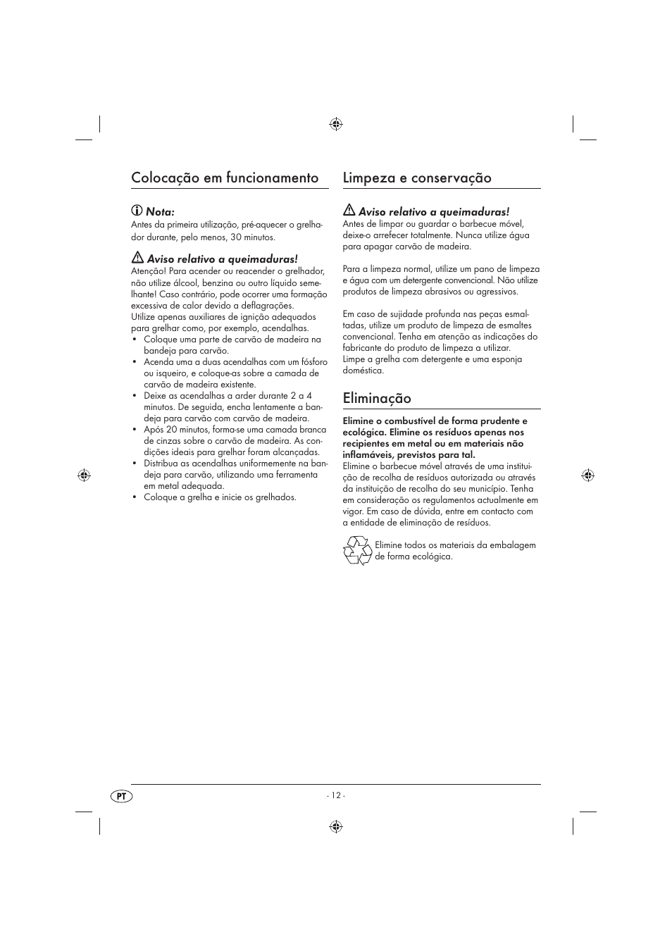 Colocação em funcionamento, Limpeza e conservação, Eliminação | Nota, Aviso relativo a queimaduras | Florabest KH 4236 User Manual | Page 14 / 23