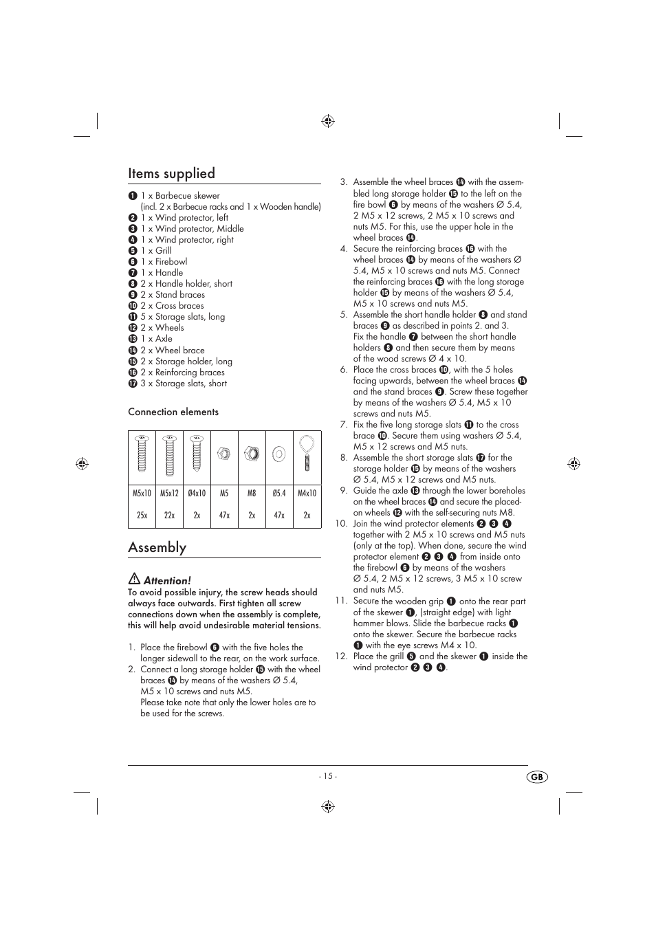 Items supplied, Assembly, Attention | Florabest KH 4236 User Manual | Page 17 / 23