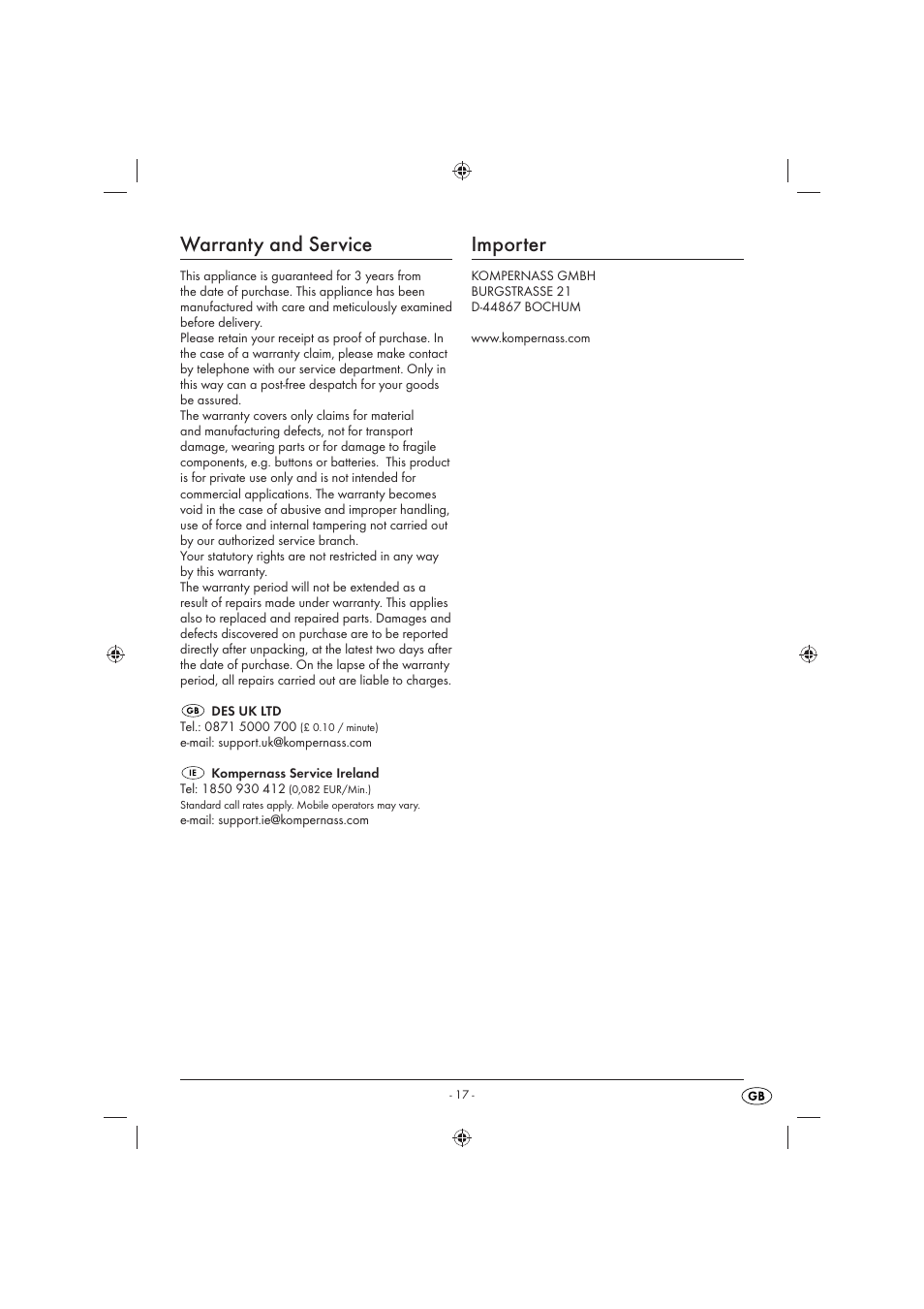 Warranty and service, Importer | Florabest KH 4236 User Manual | Page 19 / 23