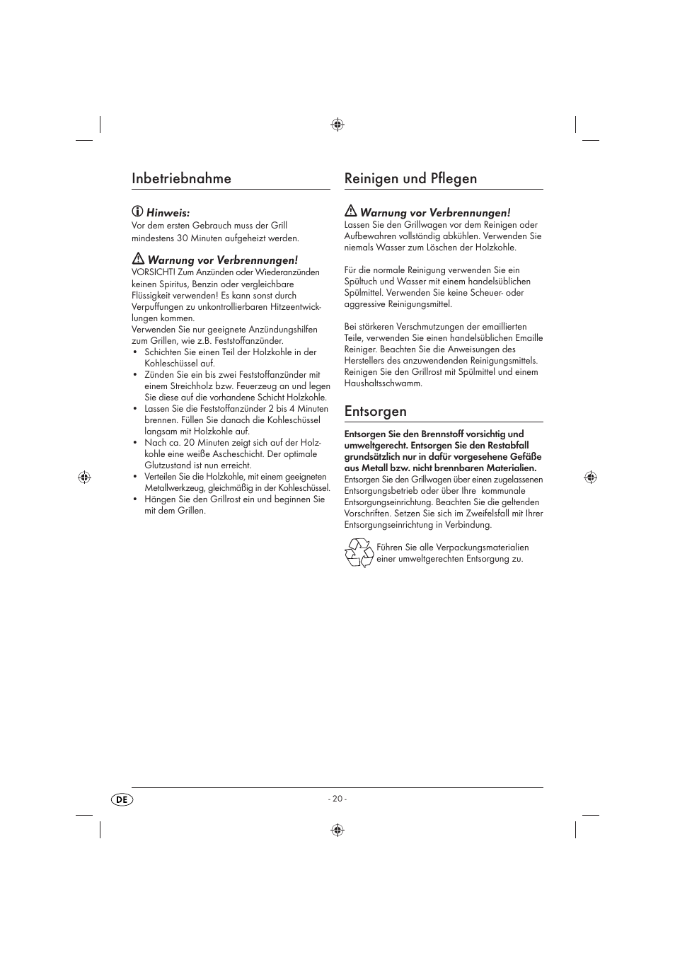 Inbetriebnahme, Reinigen und pﬂ egen, Entsorgen | Hinweis, Warnung vor verbrennungen | Florabest KH 4236 User Manual | Page 22 / 23