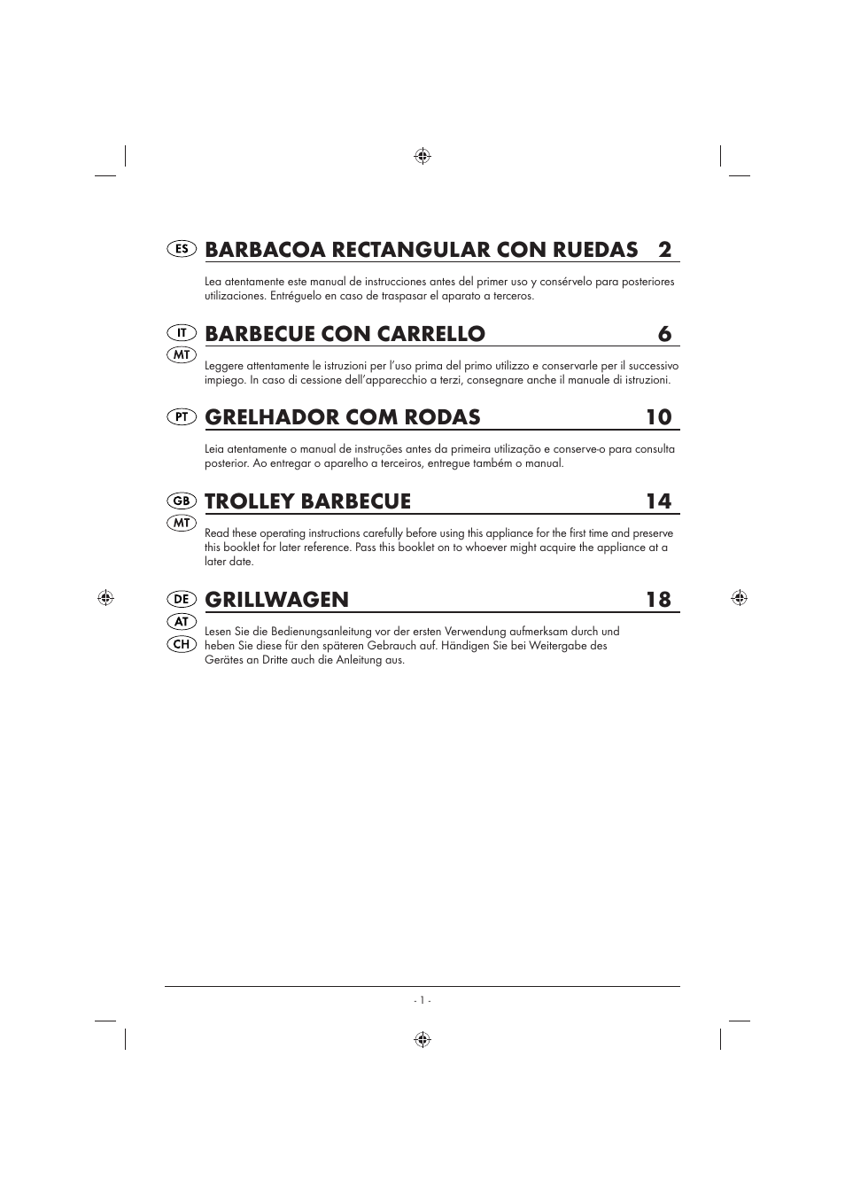 Barbacoa rectangular con ruedas 2, Barbecue con carrello 6, Grelhador com rodas 10 | Trolley barbecue 14, Grillwagen 18 | Florabest KH 4236 User Manual | Page 3 / 23
