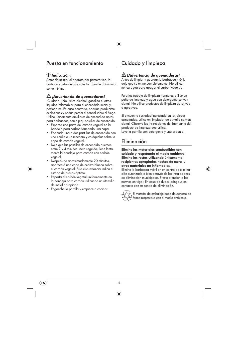 Puesta en funcionamiento, Cuidado y limpieza, Eliminación | Indicación, Advertencia de quemaduras | Florabest KH 4236 User Manual | Page 6 / 23