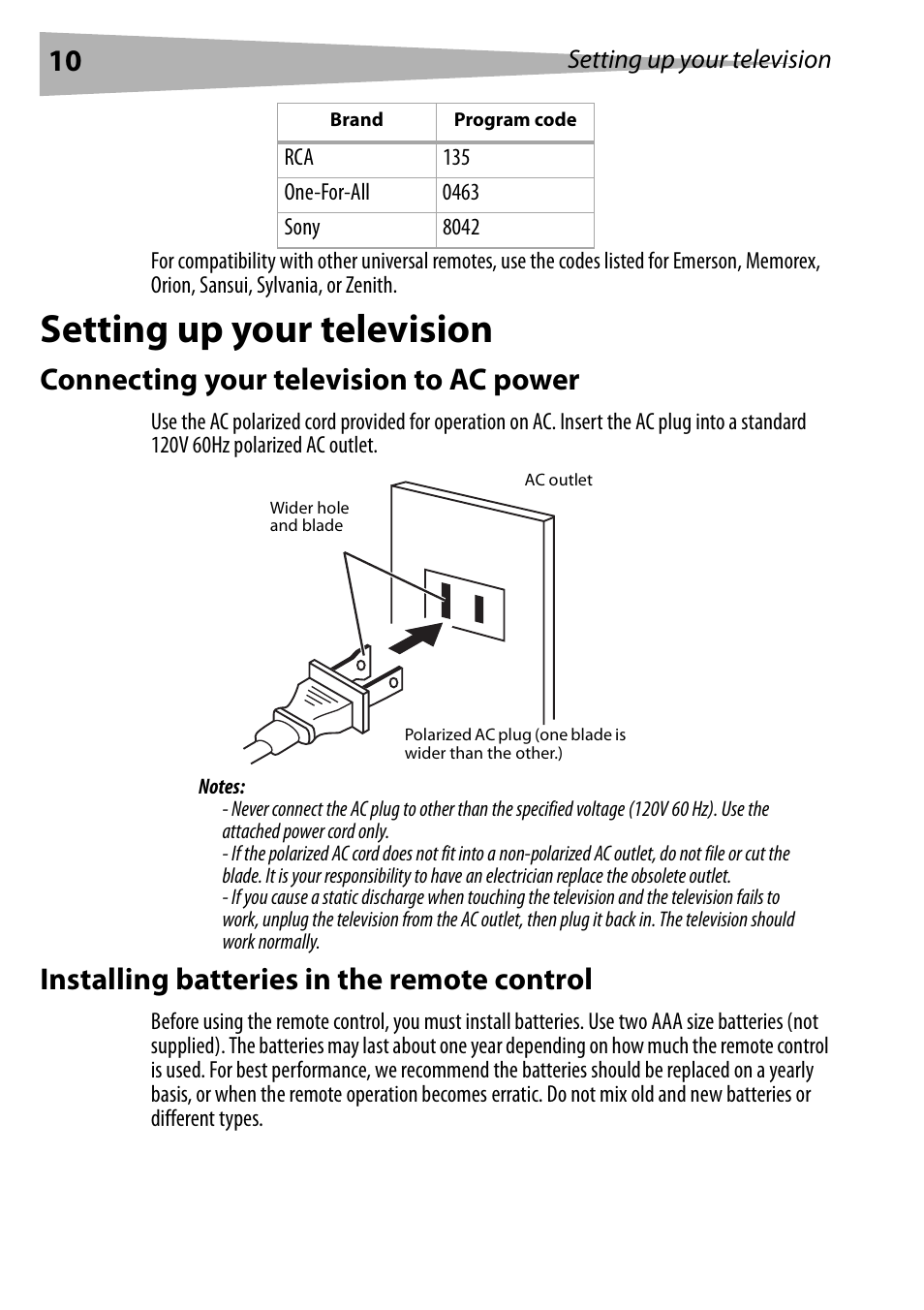 Setting up your television, Connecting your television to ac power, Installing batteries in the remote control | Dynex DX-R20TV User Manual | Page 10 / 142