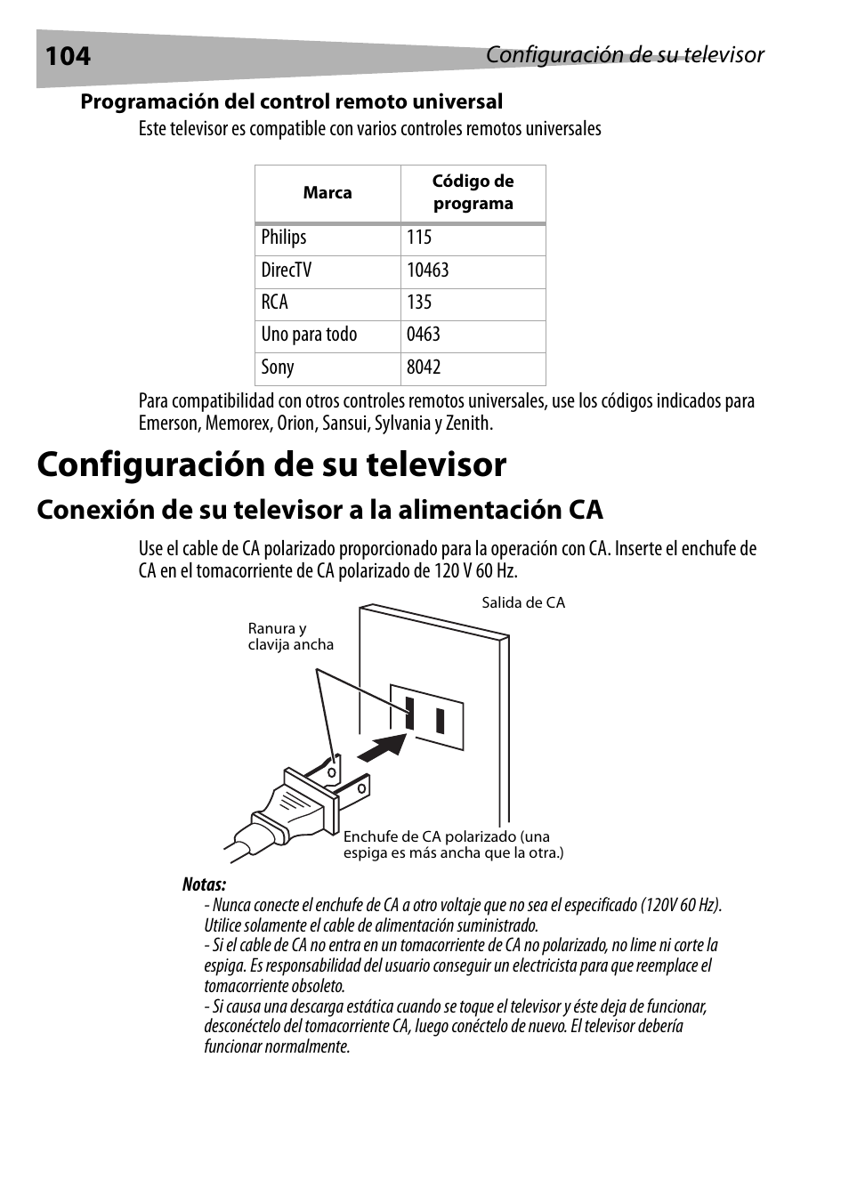 Programación del control remoto universal, Configuración de su televisor, Conexión de su televisor a la alimentación ca | Dynex DX-R20TV User Manual | Page 104 / 142